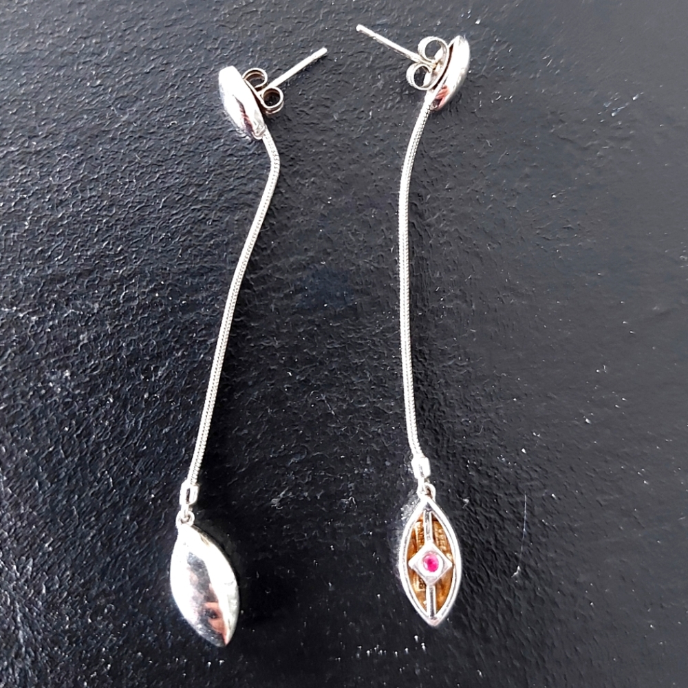 Elle Rhodium Plated Silver Dangle Earrings with Ruby